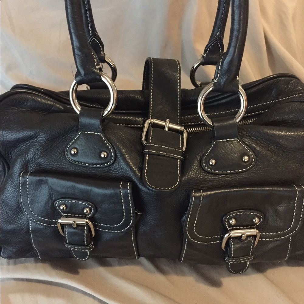 Black leather handbag, purse -